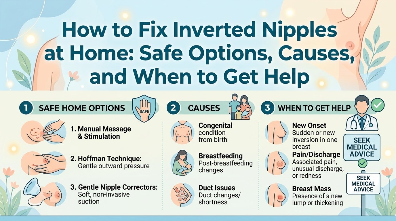 How to Fix Inverted Nipples at Home featuring safe options, possible causes, non-invasive approaches, self-care, and medical guidance.